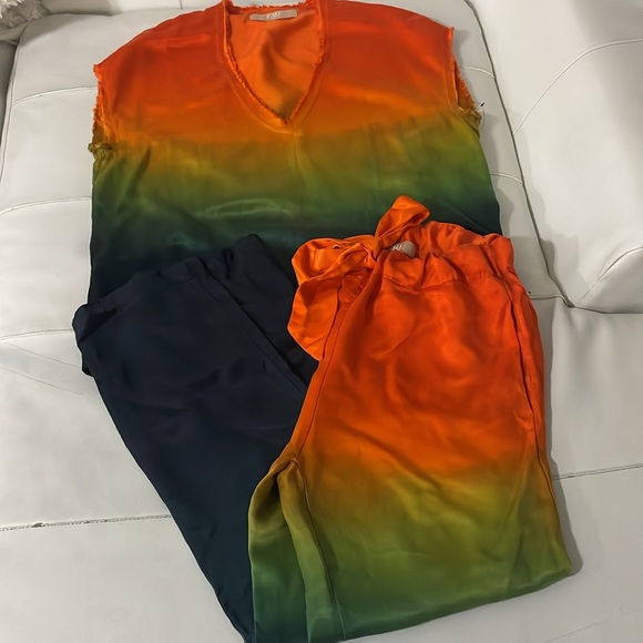 NWOT CALI DREAMING ombre orange green satin cooed matching set Small - Picture 7 of 8